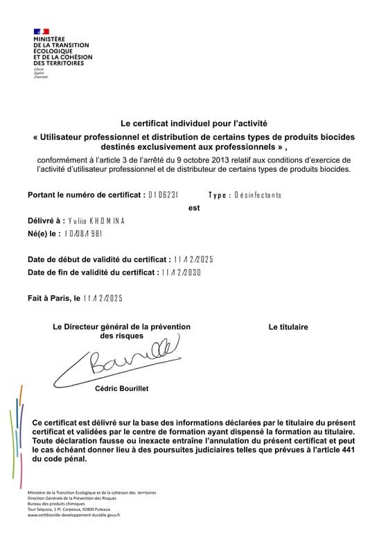 Certibiocide — certificat d'État — 2025
