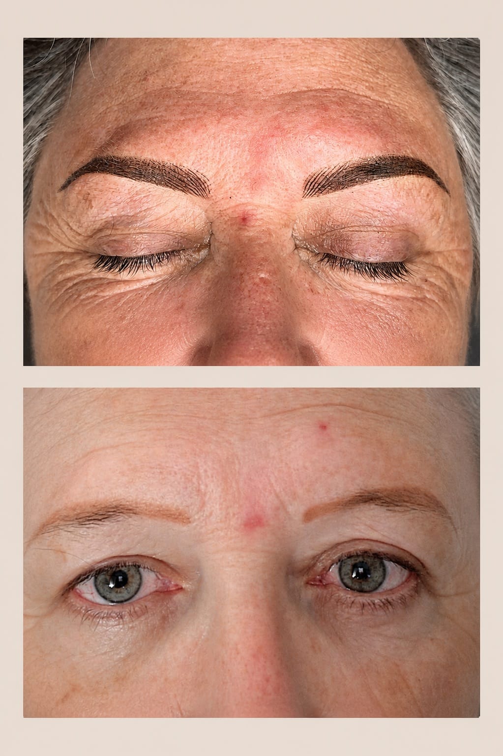 Avant / après : ancien maquillage permanent inadapté à la teinte rosée, puis nouvelle forme intégrée camouflant l'ancien tracé