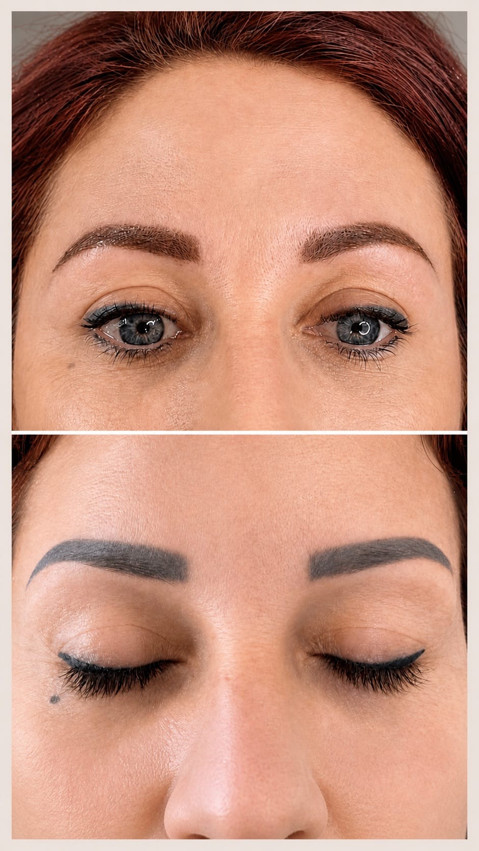 Avant / après : sourcils gris-bleu recouverts sans succès, puis nouveau maquillage permanent après éclaircissement préalable